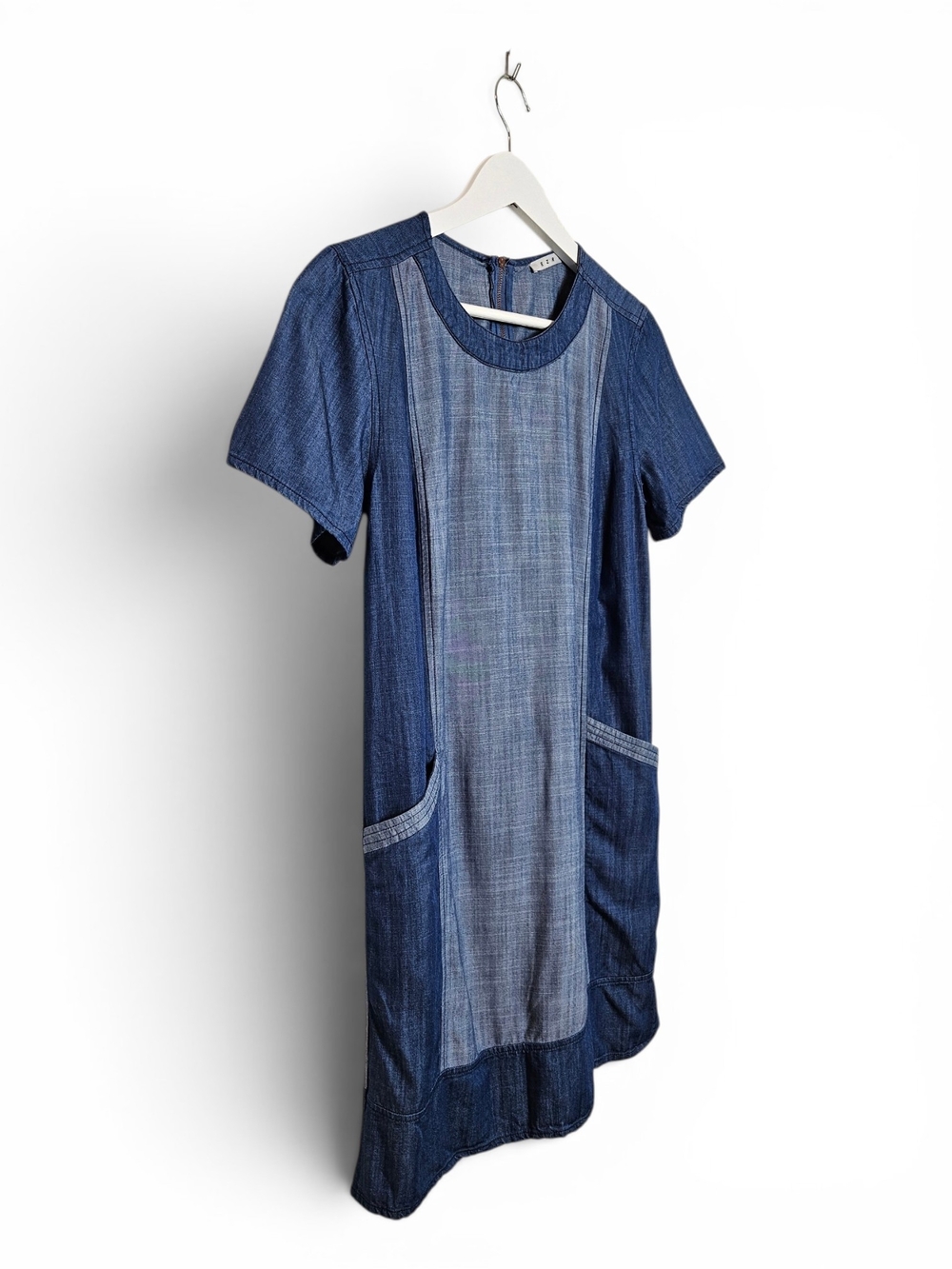 Ezra Denim Shift Dress S Colorblock Chambray Two Tone Pocket Casual Blue